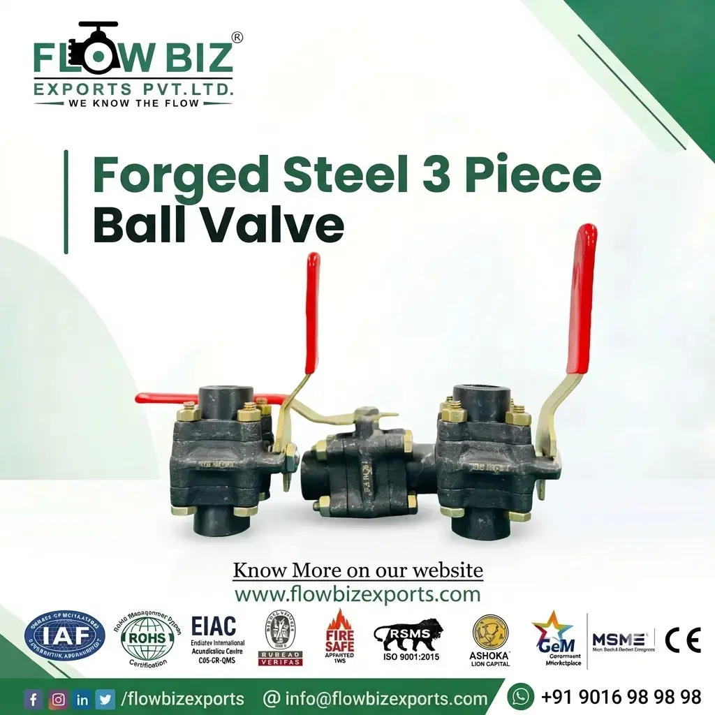 Forged Steel 3 Piece Ball Valve with Red Lever Handle | FlowBiz Exports