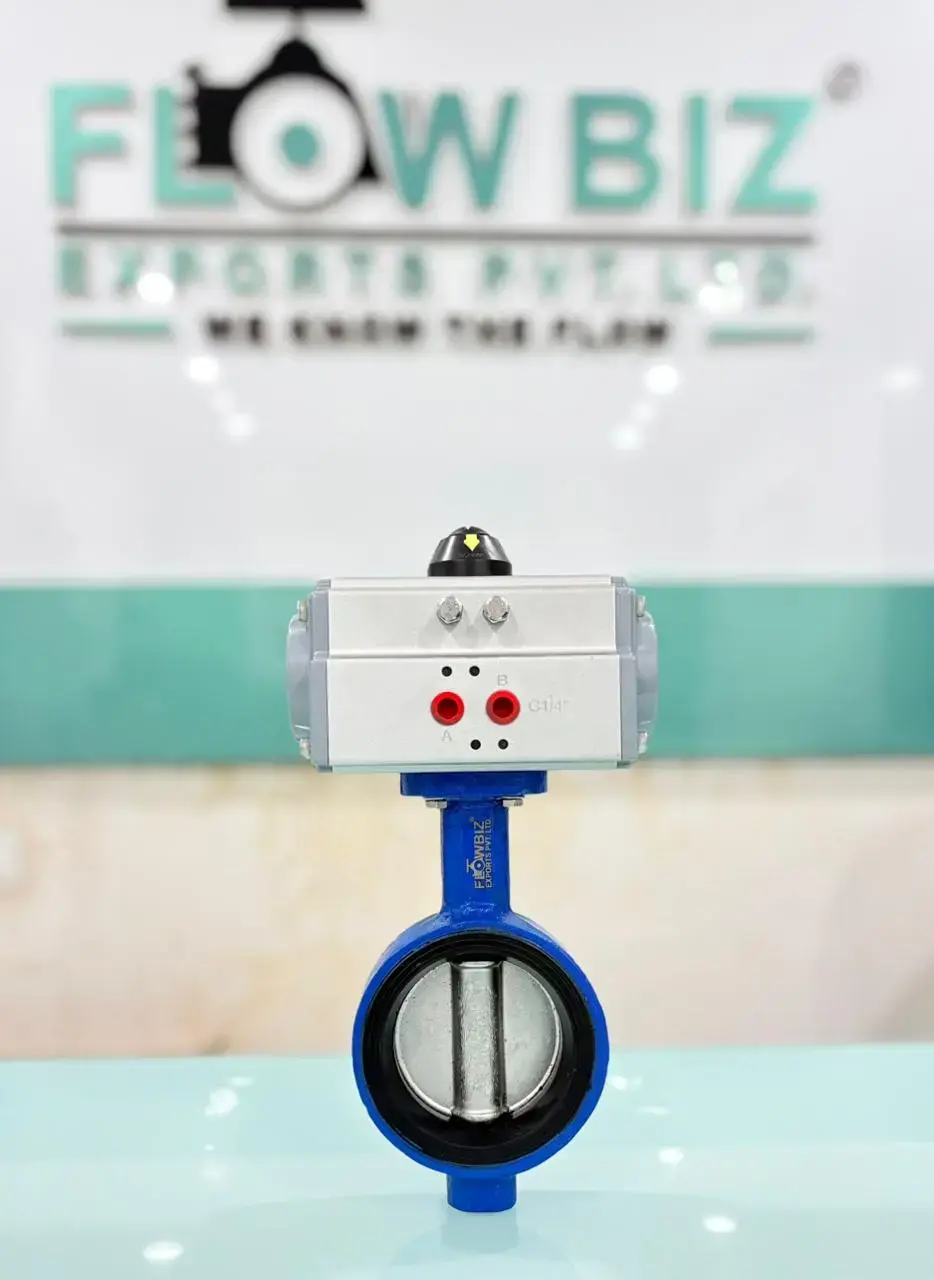 FlowBiz pneumatic operated butterfly valve assembly for industrial flow automation.