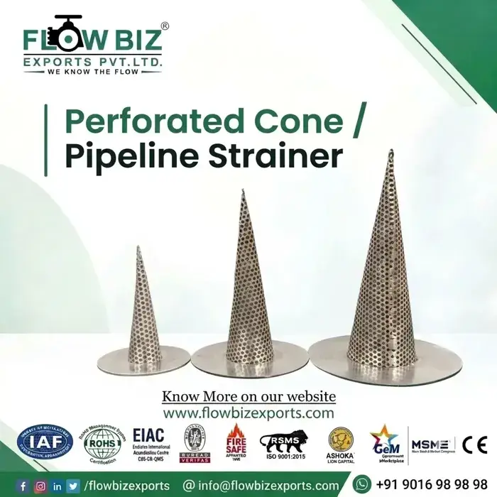  FlowBiz Exports Perforated Cone Pipeline Strainer featuring conical stainless steel perforated body and flat ring flange collar