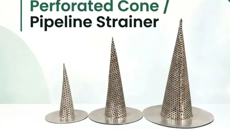 FlowBiz Exports Perforated Cone Pipeline Strainer featuring conical stainless steel perforated body and flat ring flange collar