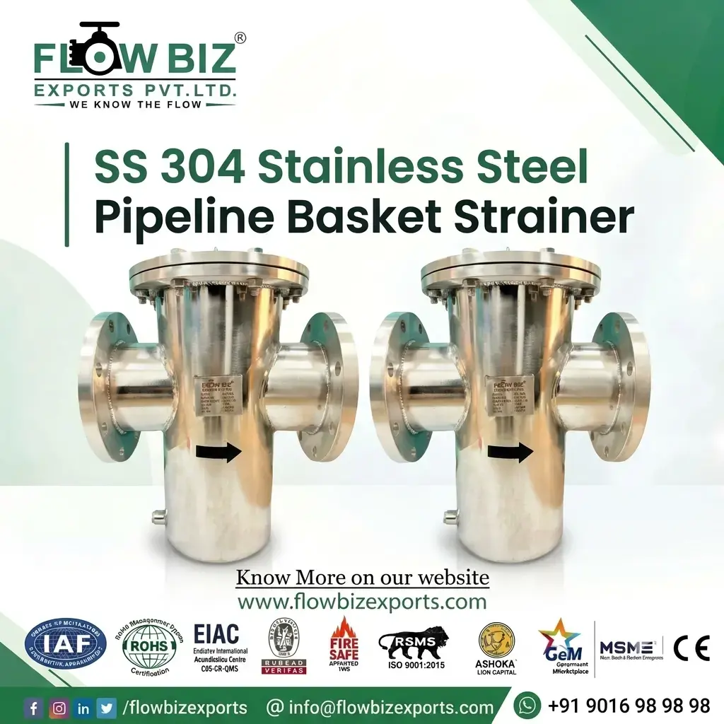 FlowBiz Exports SS 304 Stainless Steel Pipeline Basket Strainer with flanged end connections and bolted top cover