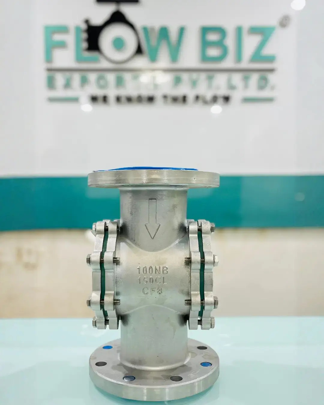 FlowBiz flanged double window sight glass with premium Teflon liner for chemical pipelines.
