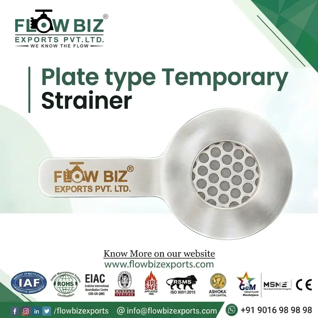 FlowBiz Plate Type Temporary Strainer with stainless steel perforated disc and extended handle tab