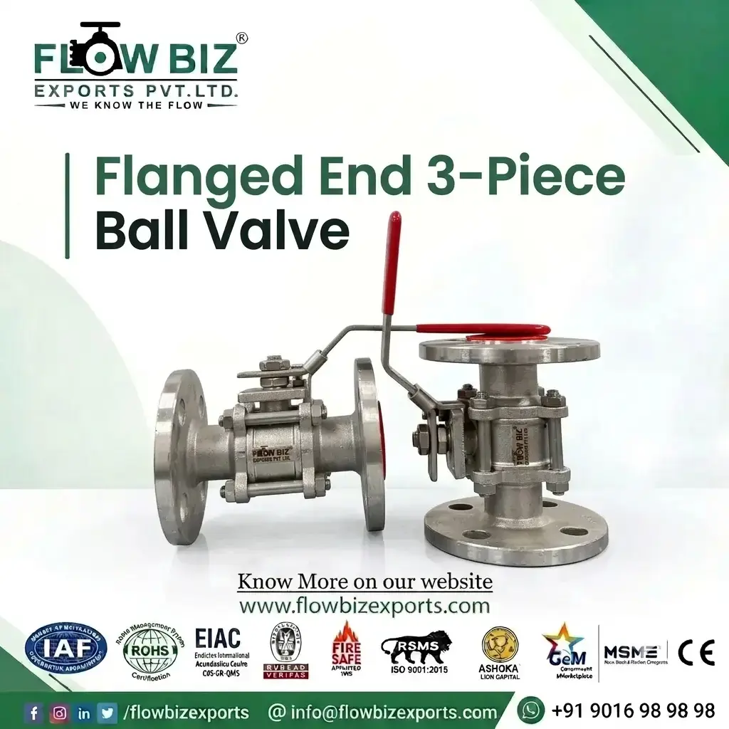 Flanged End 3-Piece Ball Valve with Lever Handle by FlowBiz Exports
