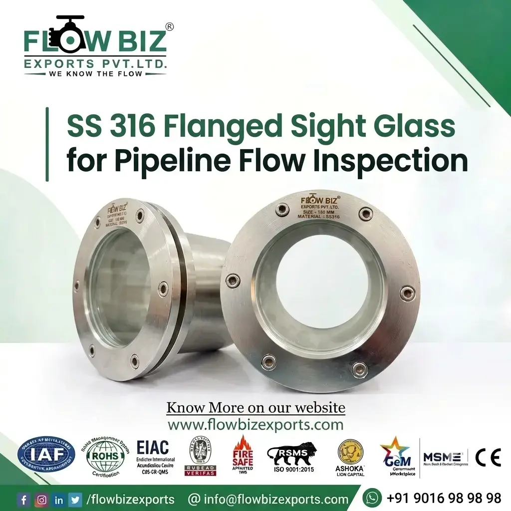 FlowBiz Exports SS 316 Flanged Sight Glass for pipeline flow visual inspection showing flanged stainless steel housing and transparent glass window