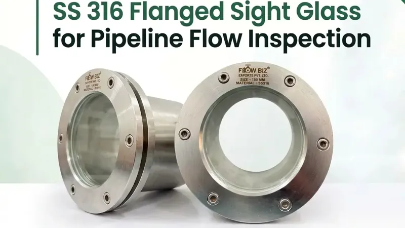 FlowBiz Exports SS 316 Flanged Sight Glass for pipeline flow visual inspection showing flanged stainless steel housing and transparent glass window