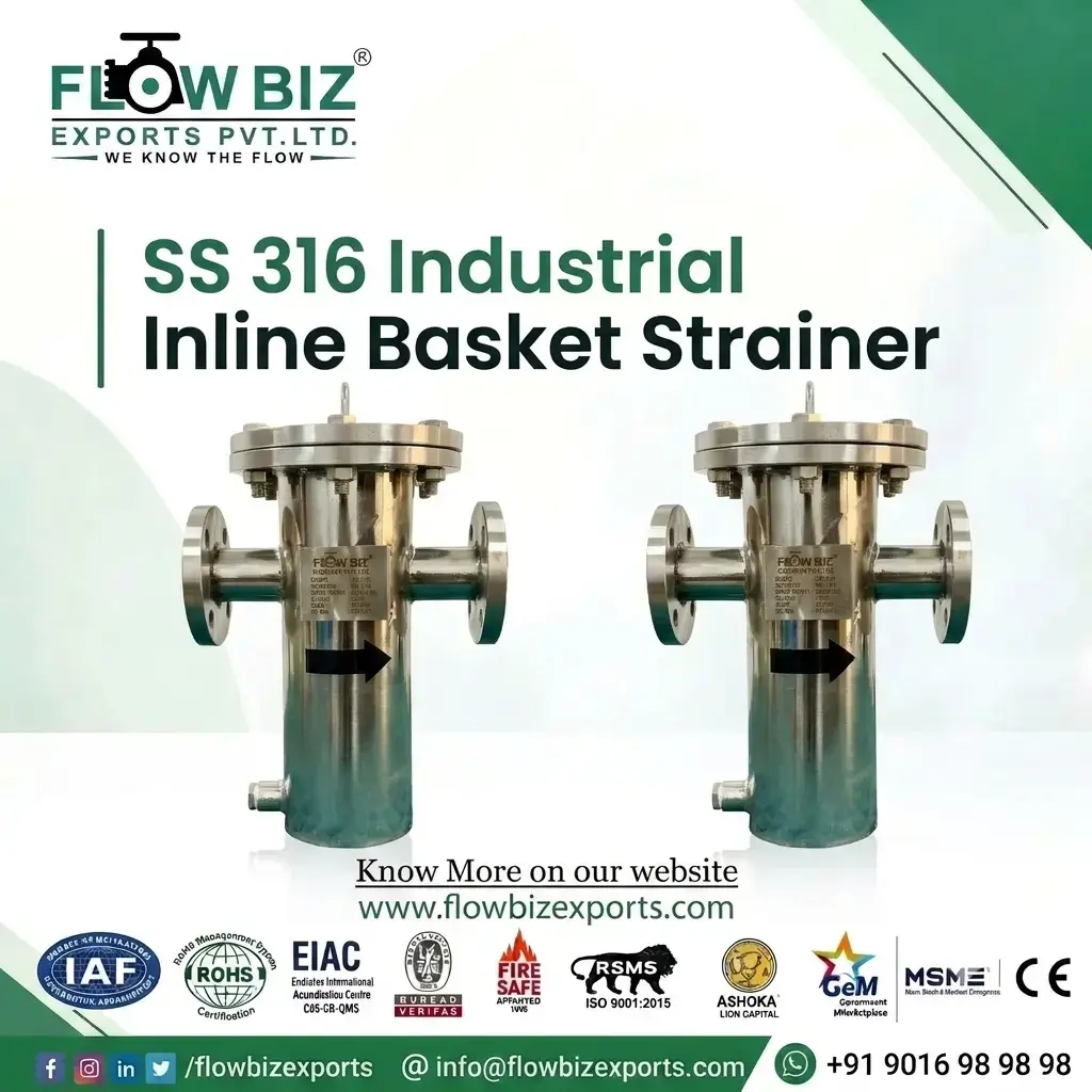 FlowBiz Exports SS 316 Industrial Inline Basket Strainer featuring flanged connections, lifting eye bolt, and stainless steel 316 housing