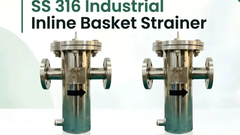 FlowBiz Exports SS 316 Industrial Inline Basket Strainer featuring flanged connections, lifting eye bolt, and stainless steel 316 housing
