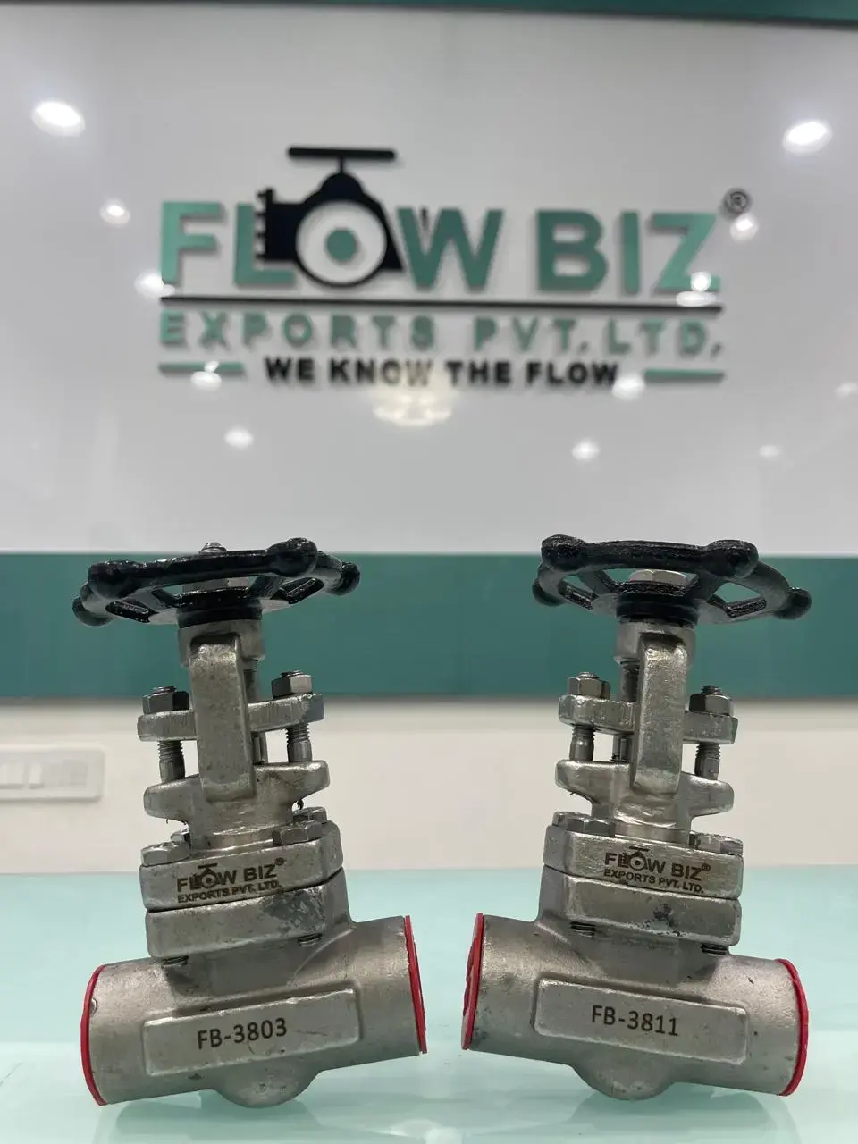 FlowBiz Exports forged steel gate valves model FB-3803 and FB-3811, featuring compact Class 800 OS&Y rising stem designs with black manual handwheels.