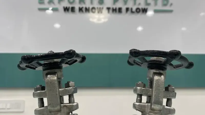 FlowBiz Exports forged steel gate valves model FB-3803 and FB-3811, featuring compact Class 800 OS&Y rising stem designs with black manual handwheels.