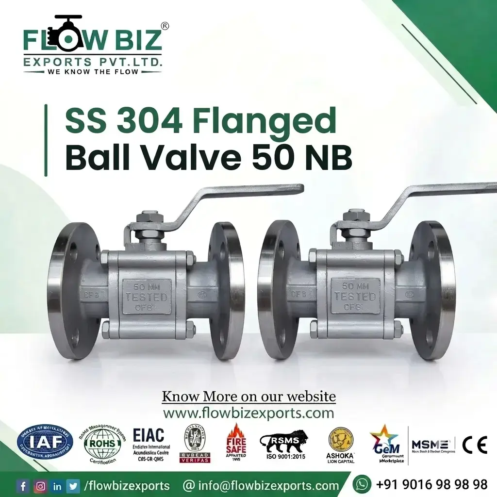 SS 304 Flanged Ball Valve 50 NB with Lever Handle | FlowBiz Exports