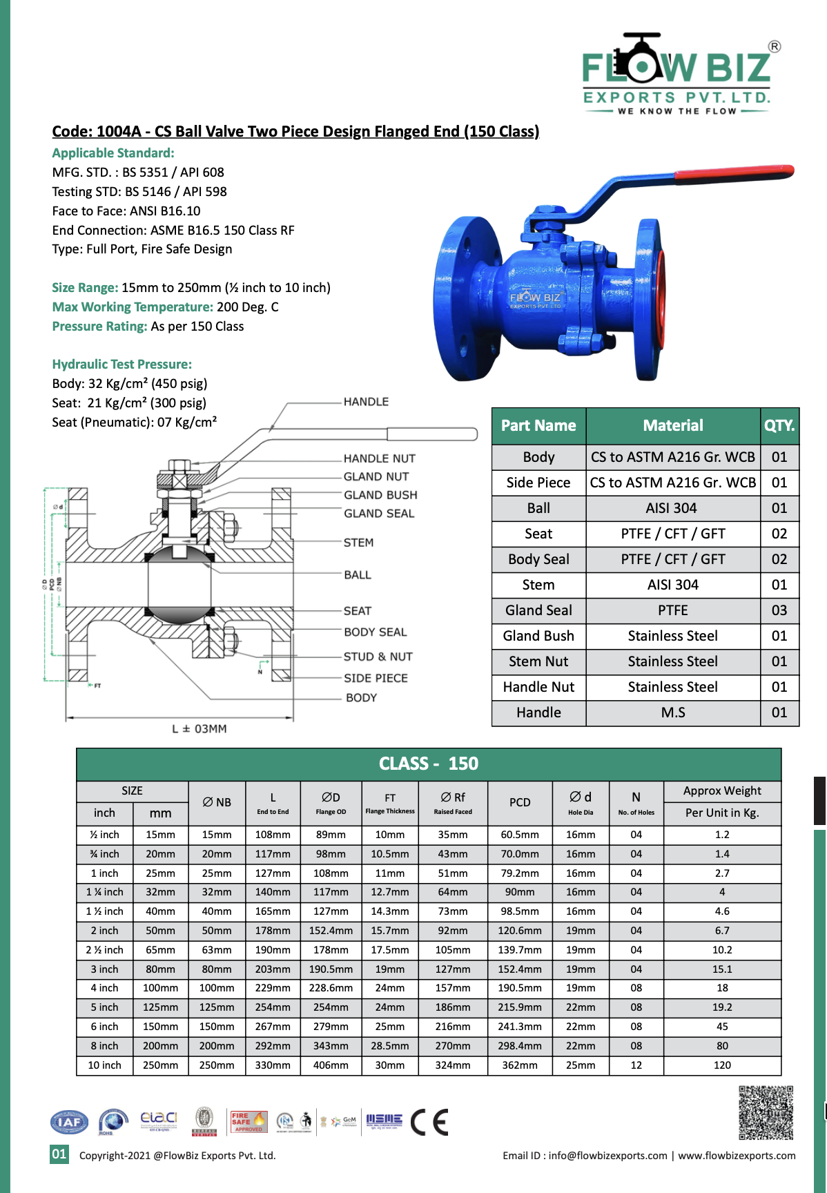 Code: 1004A - CS Ball Valve Two Piece Design Flanged End (150 Class)