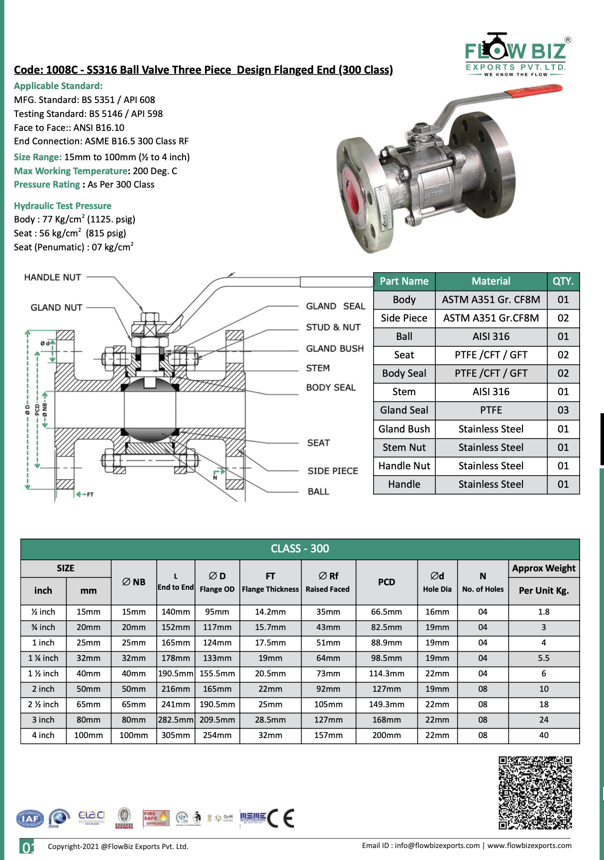 Code: 1008C - SS316 Ball Valve Three Piece Design Flanged End (300 Class)
