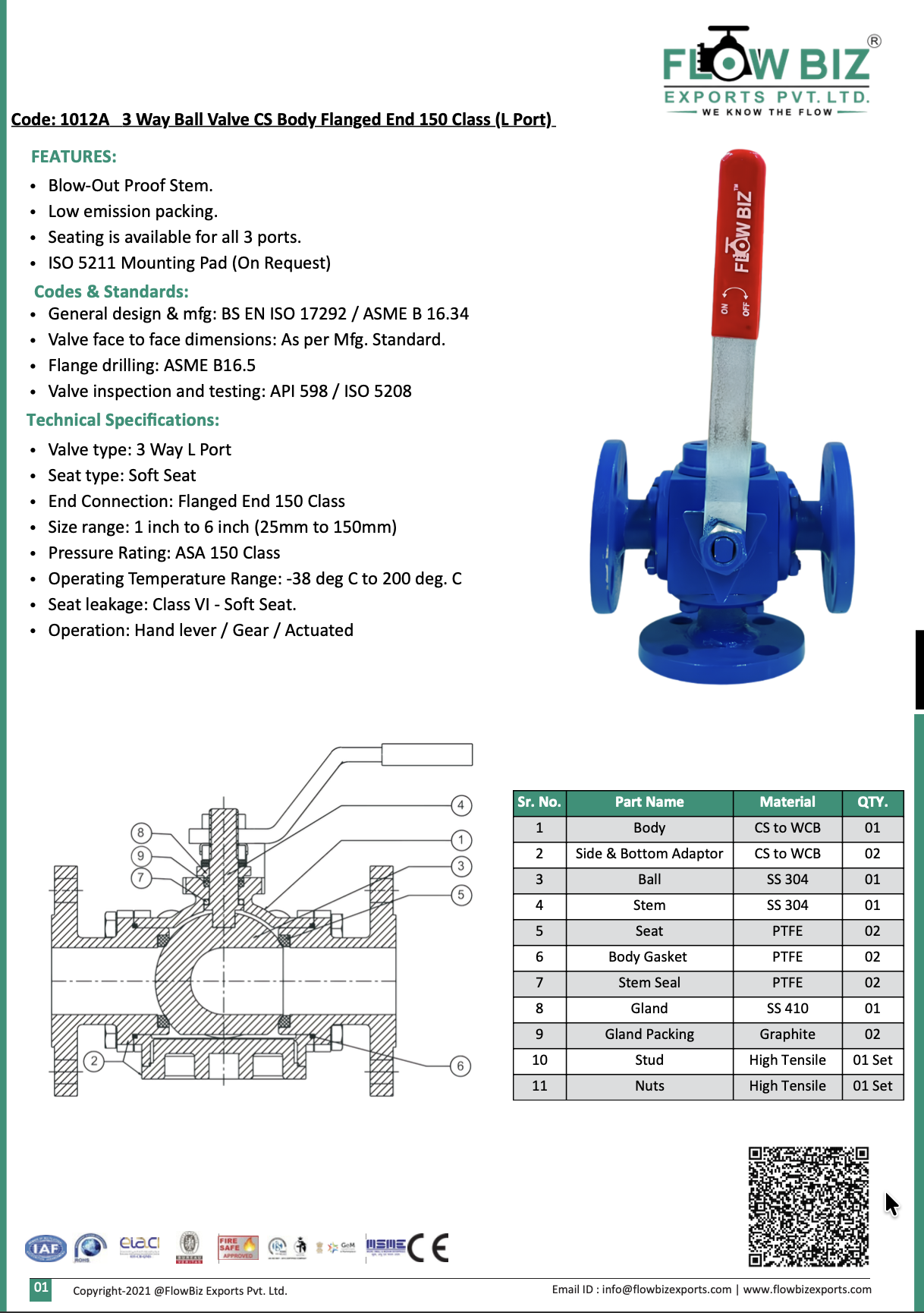 Code: 1012A 3 Way Ball Valve CS Body Flanged End 150 Class (L Port)