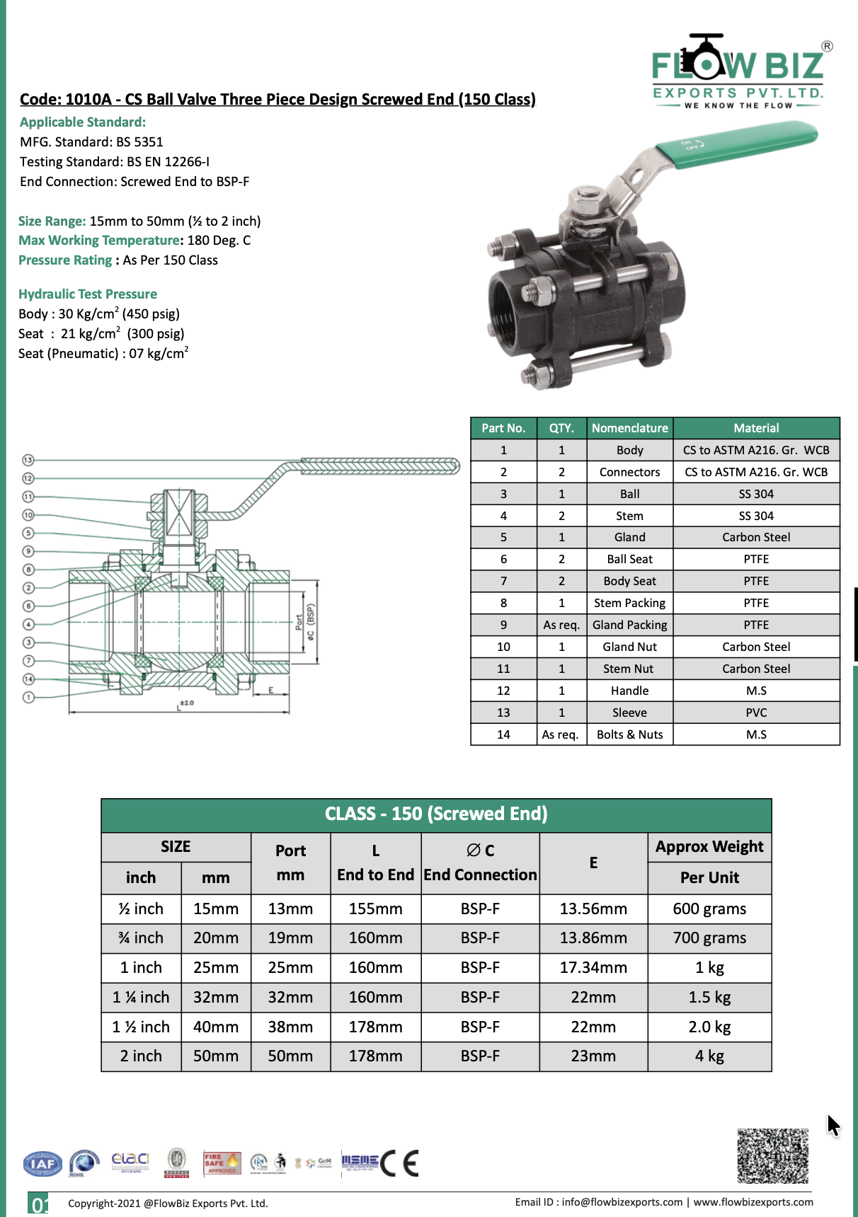 Code: 1010A - CS Ball Valve Three Piece Design Screwed End (150 Class)