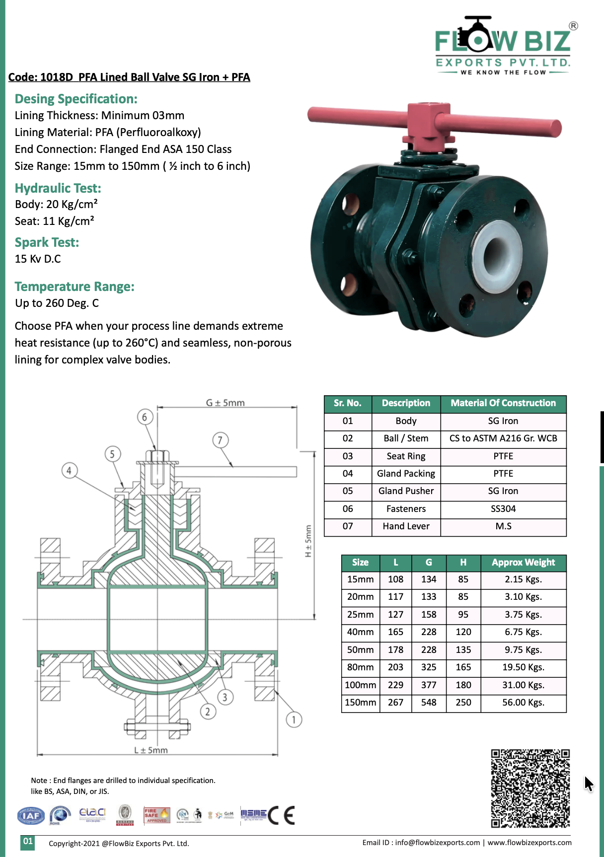 Code: 1018D PFA Lined Ball Valve SG Iron + PFA