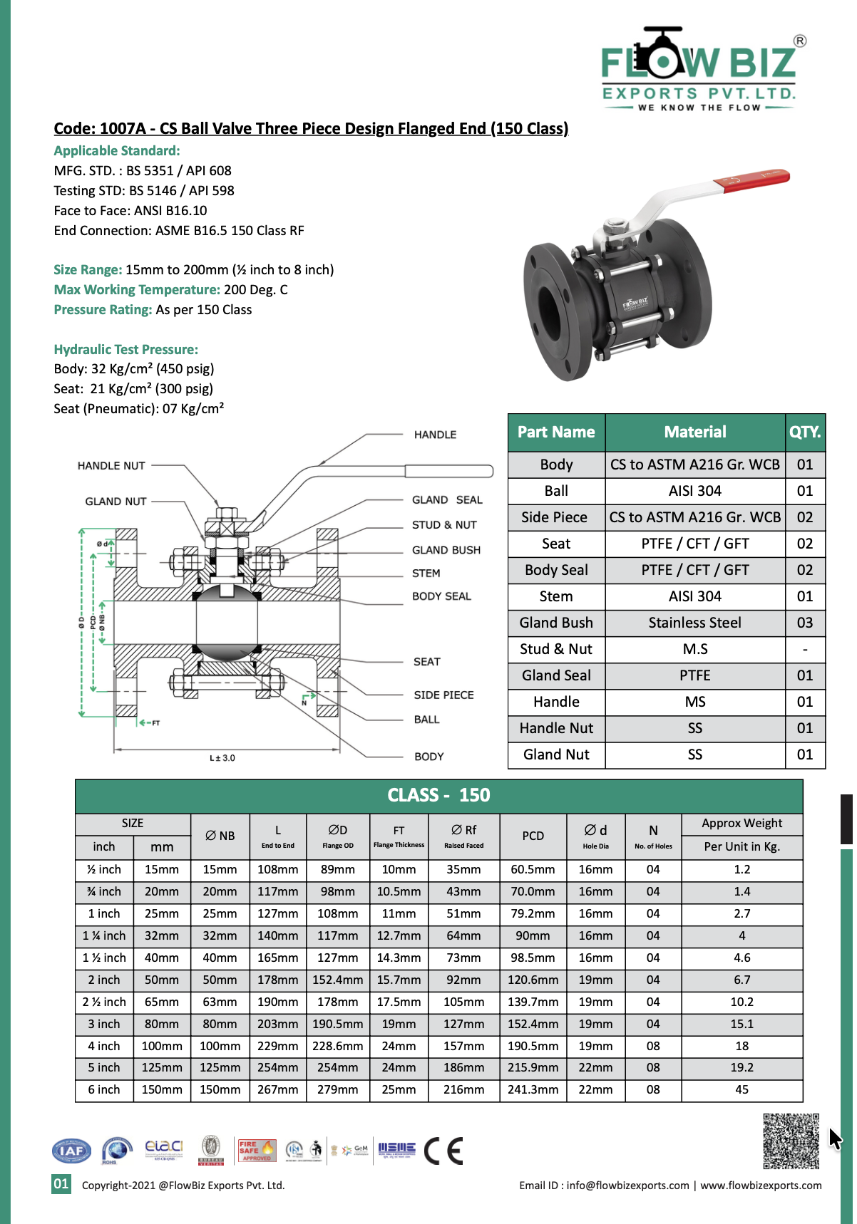 Code: 1007A - CS Ball Valve Three Piece Design Flanged End (150 Class)
