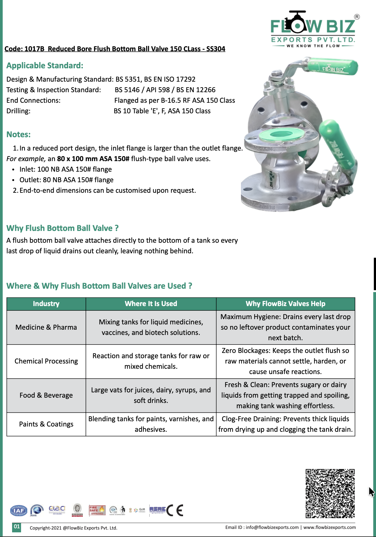 Code: 1017B Reduced Bore Flush Bottom Ball Valve 150 Class - SS304