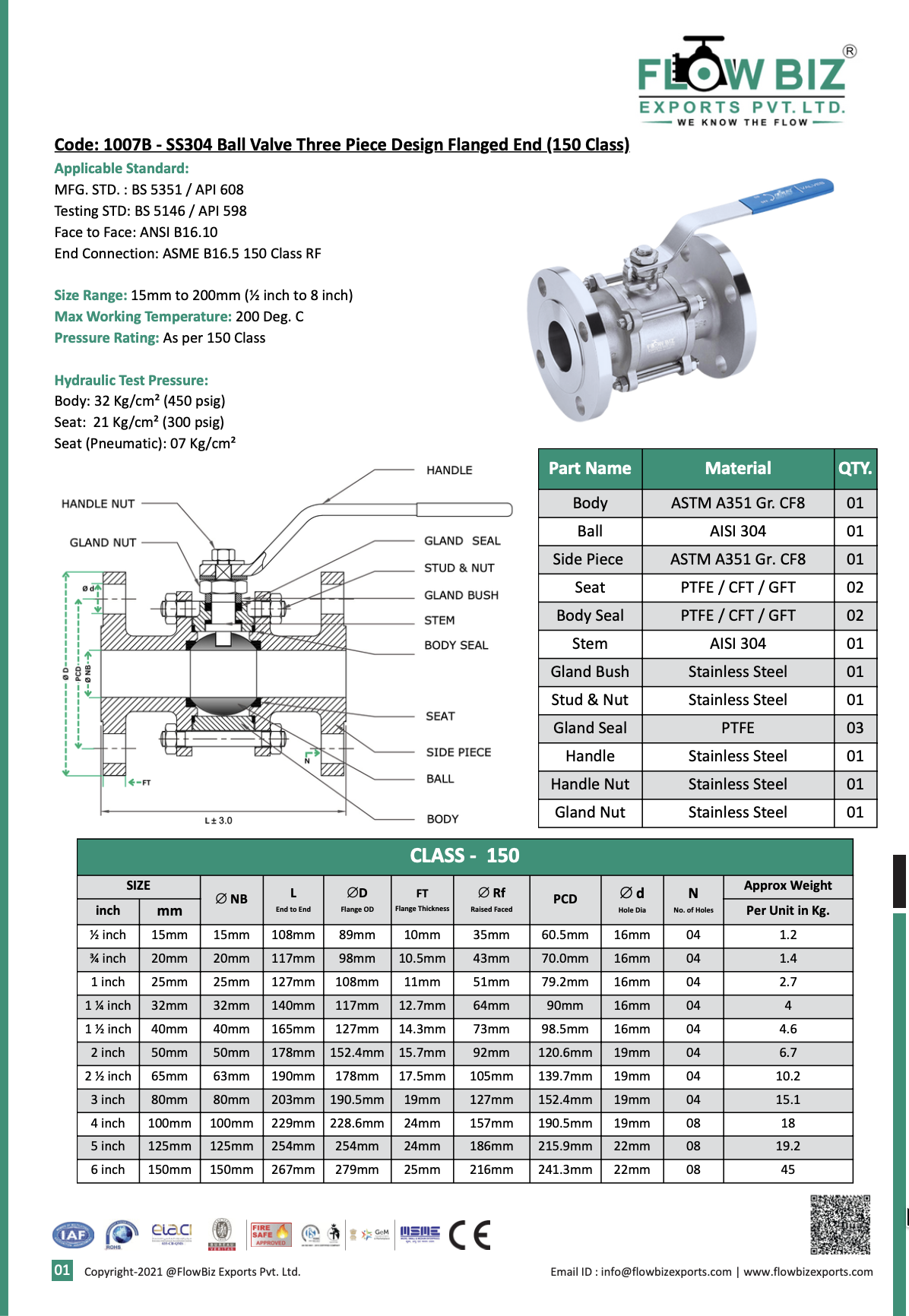Code: 1007B - SS304 Ball Valve Three Piece Design Flanged End (150 Class)