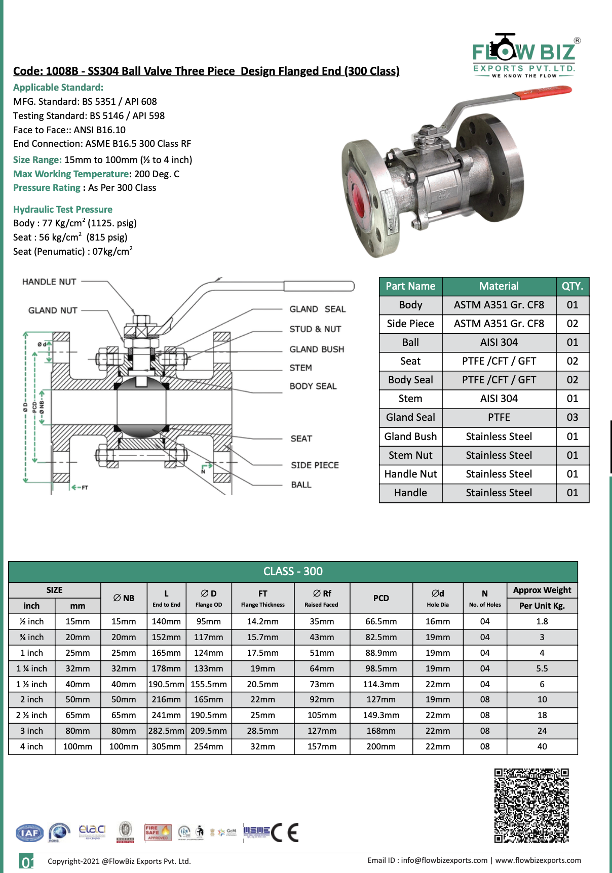 Code: 1008B - SS304 Ball Valve Three Piece Design Flanged End (300 Class)