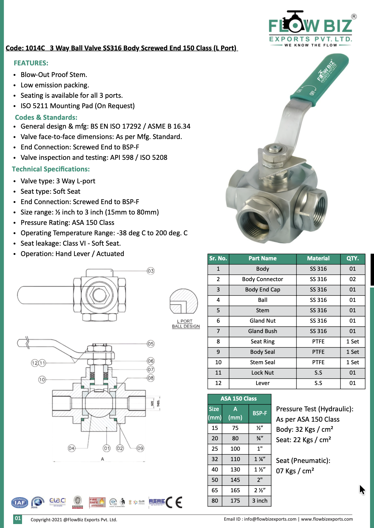Code: 1014C 3 Way Ball Valve SS316 Body Screwed End 150 Class (L Port)
