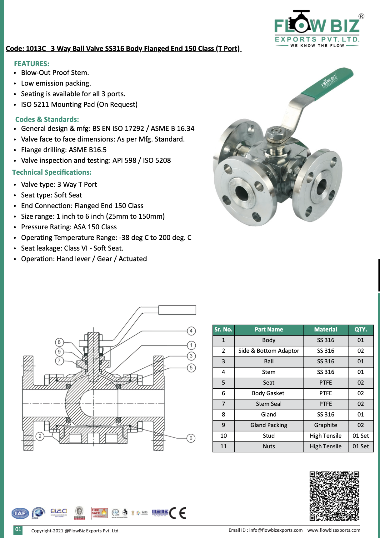 Code: 1013C 3 Way Ball Valve SS316 Body Flanged End 150 Class (T Port)