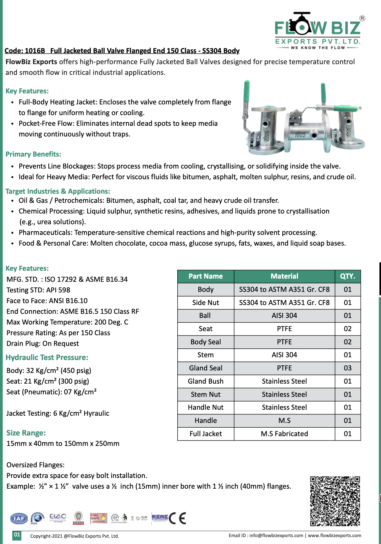 Code: 1016B Full Jacketed Ball Valve Flanged End 150 Class - SS304 Body