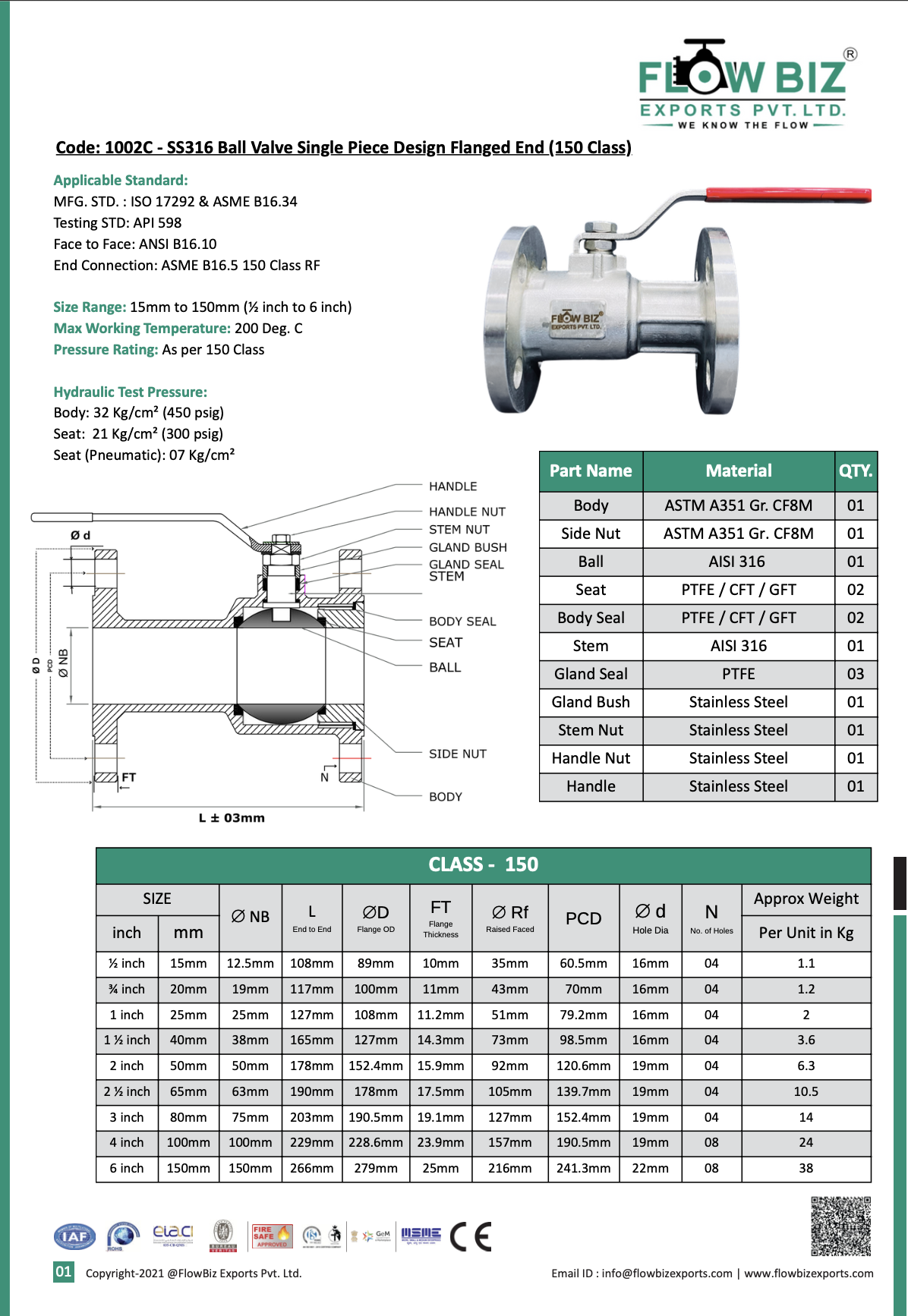 Code: 1002C - SS316 Ball Valve Single Piece Design Flanged End (150 Class)