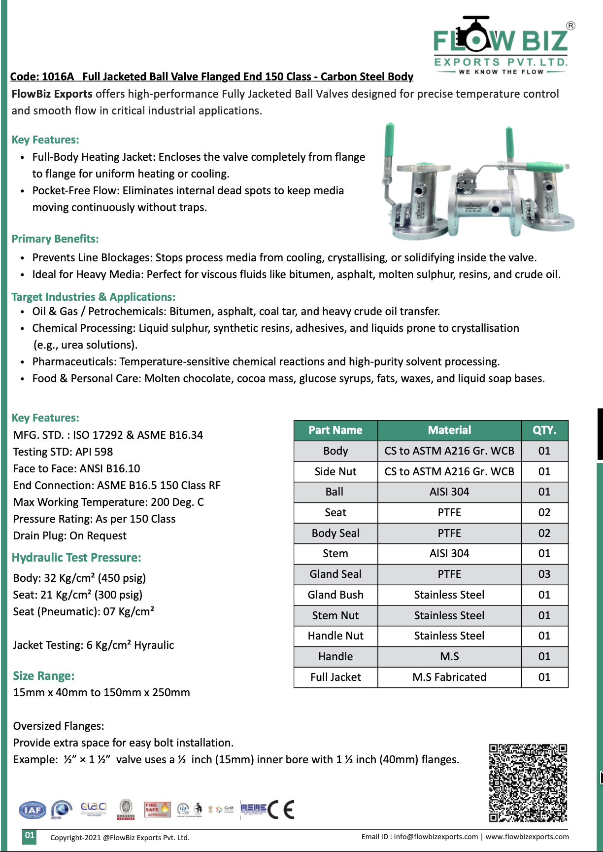 Code: 1016A Full Jacketed Ball Valve Flanged End 150 Class - Carbon Steel Body