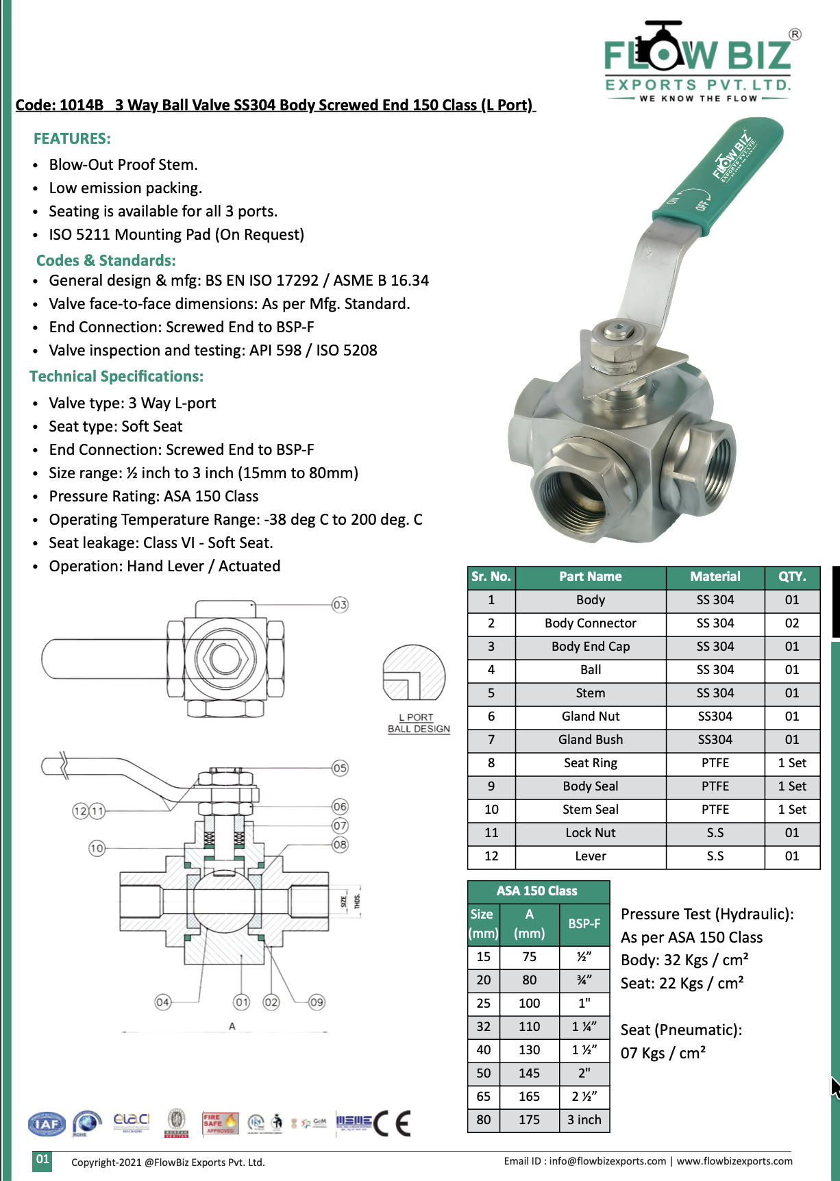 Code: 1014B 3 Way Ball Valve SS304 Body Screwed End 150 Class (L Port)