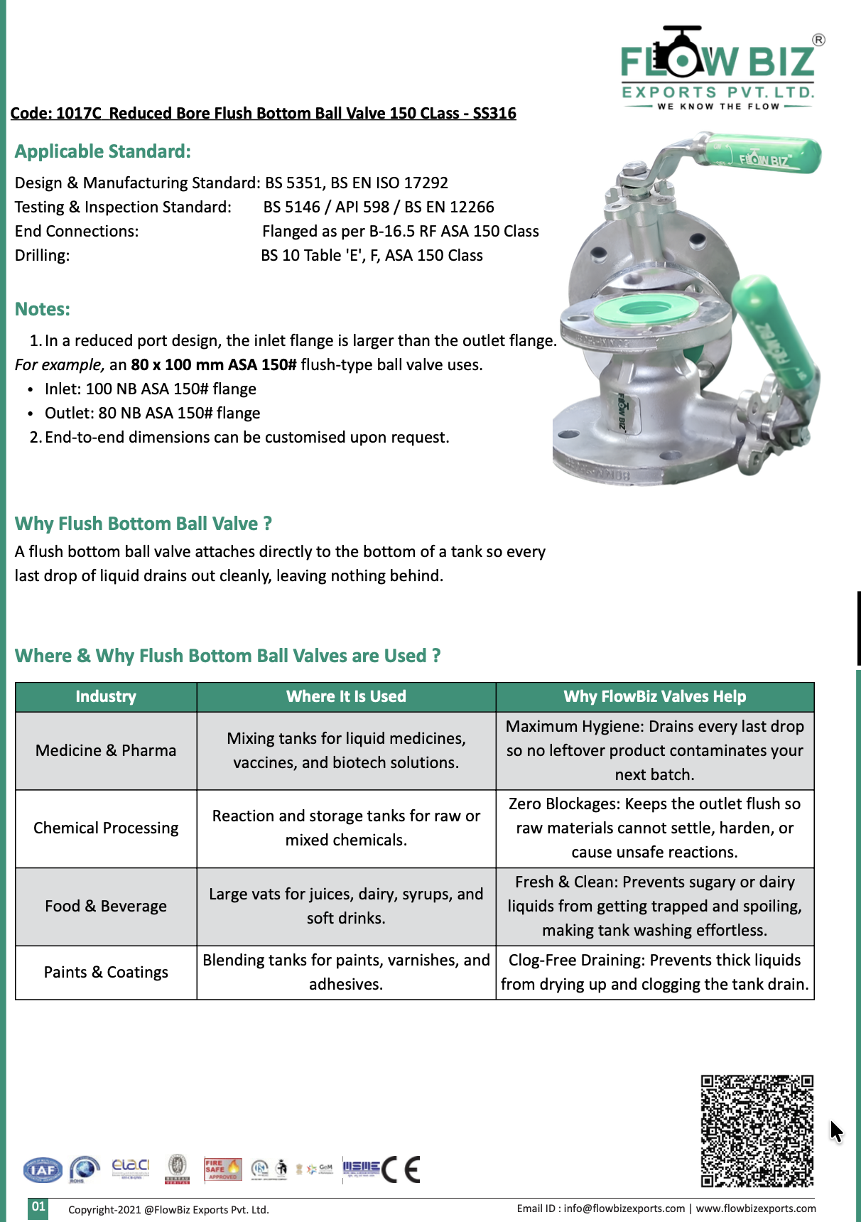 Code: 1017C Reduced Bore Flush Bottom Ball Valve 150 Class - SS316