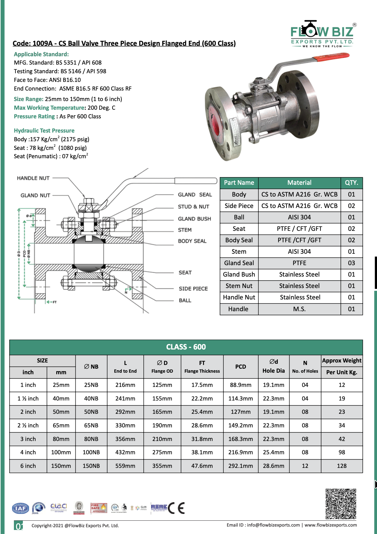 Code: 1009A - CS Ball Valve Three Piece Design Flanged End (600 Class)