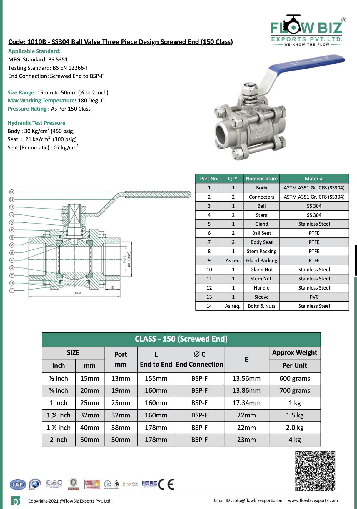 Code: 1010B - SS304 Ball Valve Three Piece Design Screwed End (150 Class)