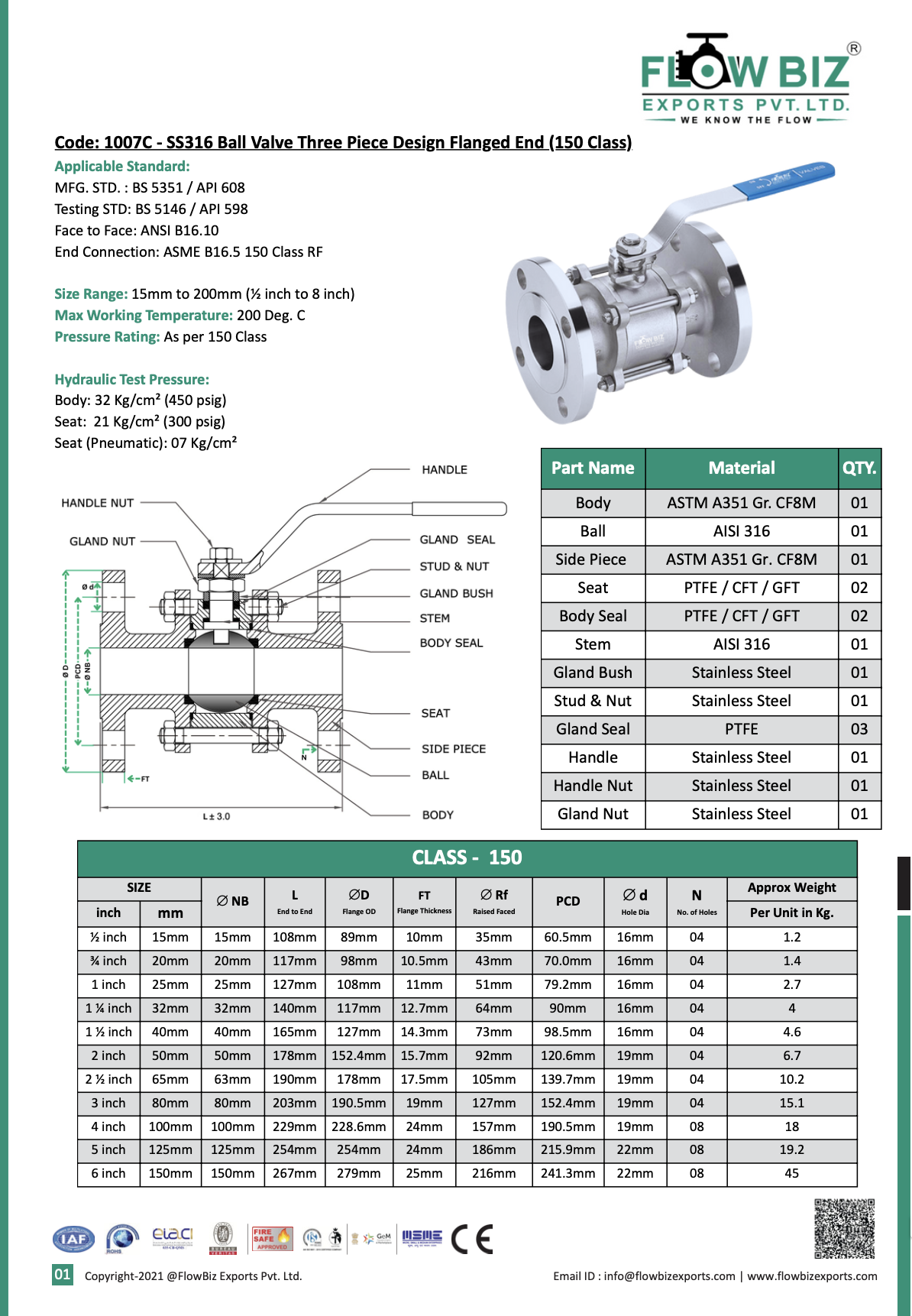 Code: 1007C - SS316 Ball Valve Three Piece Design Flanged End (150 Class)