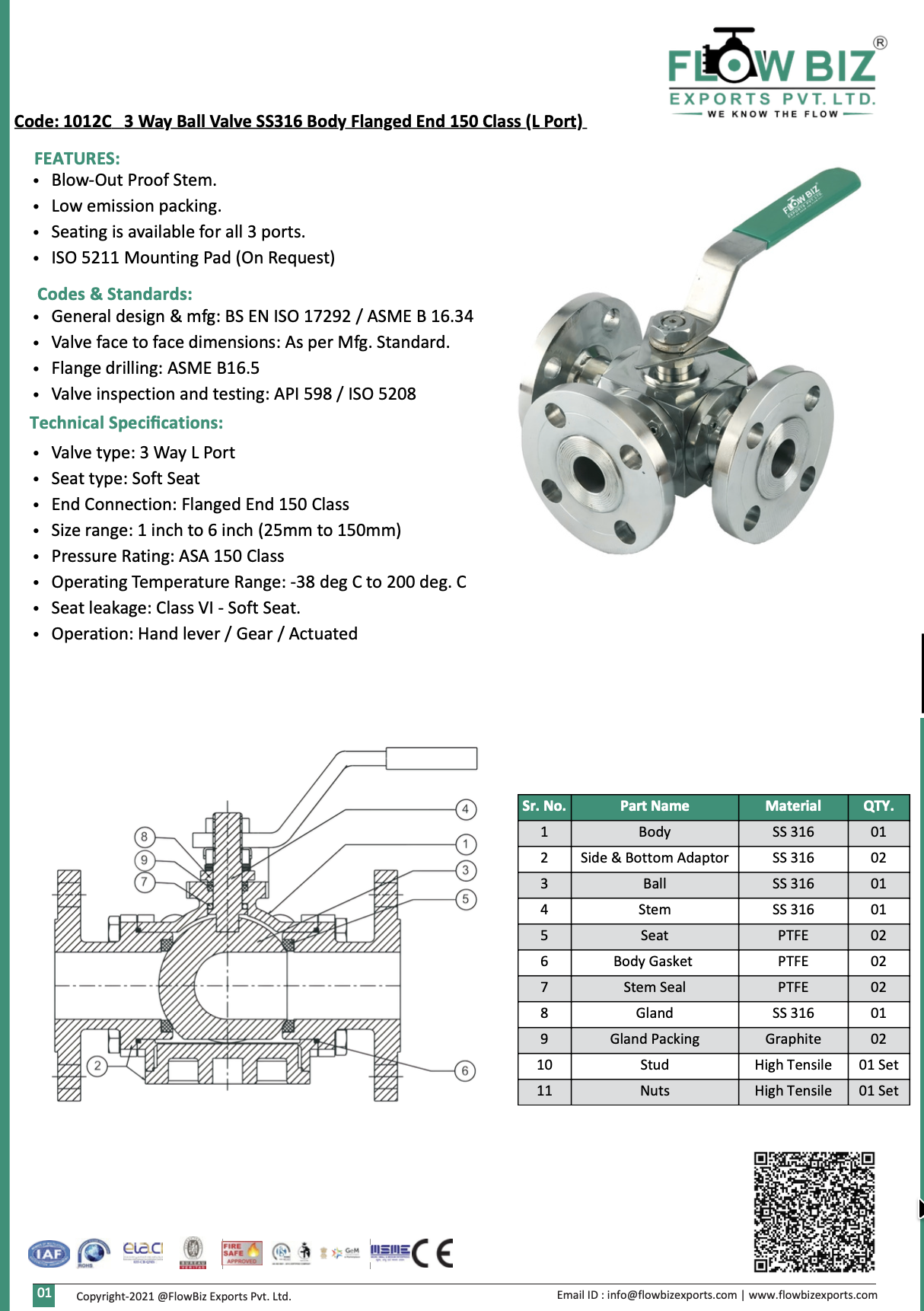 Code: 1012C 3 Way Ball Valve SS316 Body Flanged End 150 Class (L Port)