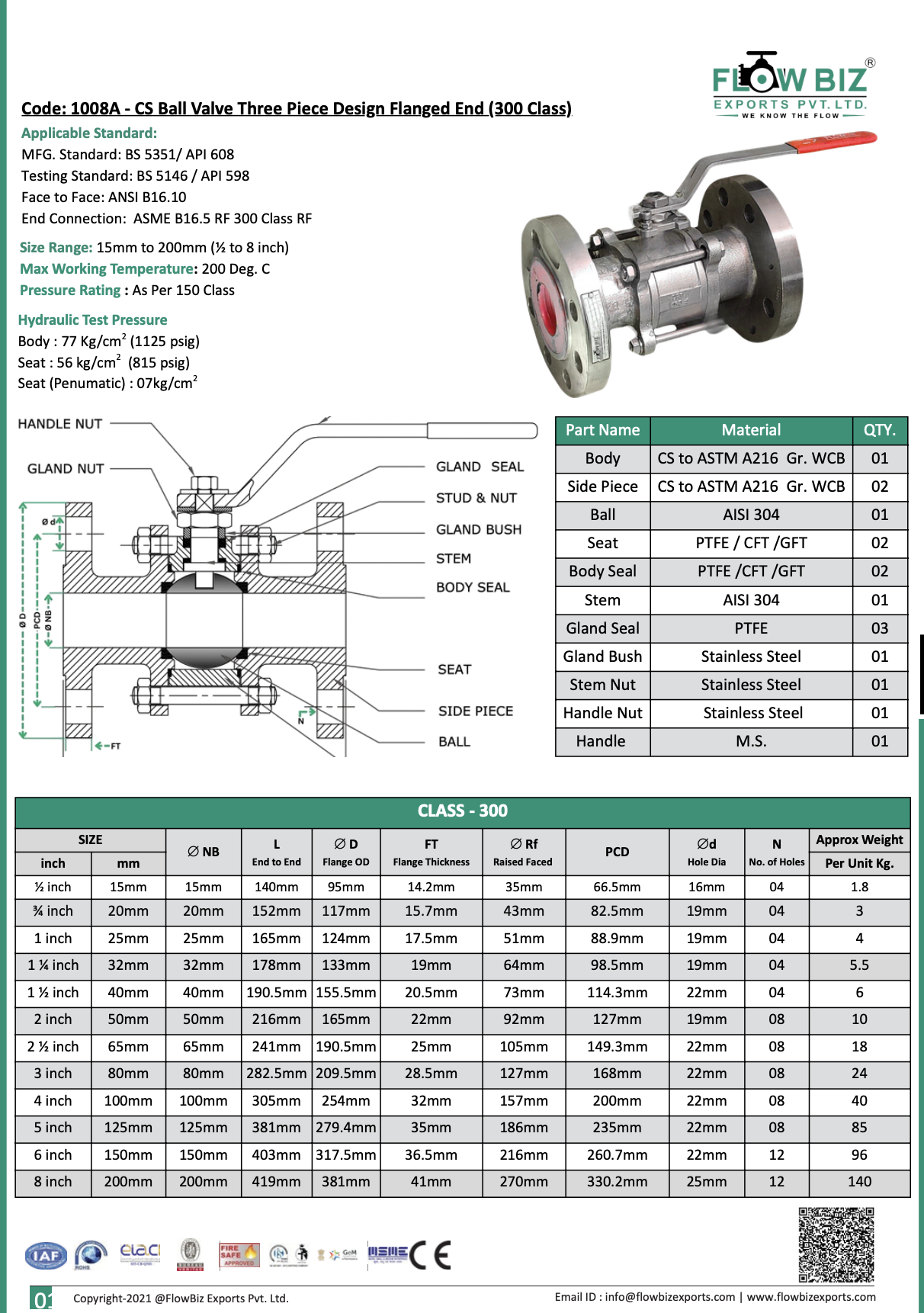 Code: 1008A - CS Ball Valve Three Piece Design Flanged End (300 Class)