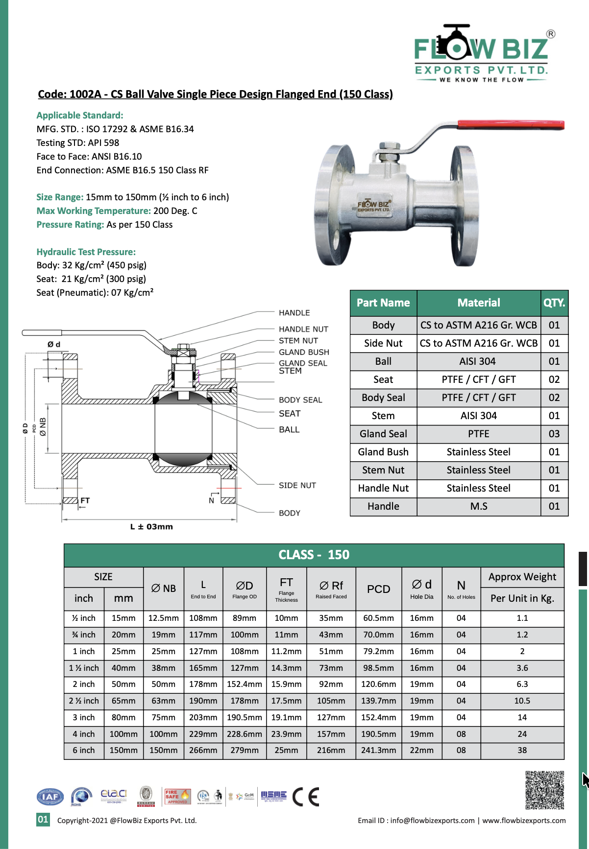 Code: 1002A - CS Ball Valve Single Piece Design Flanged End (150 Class)