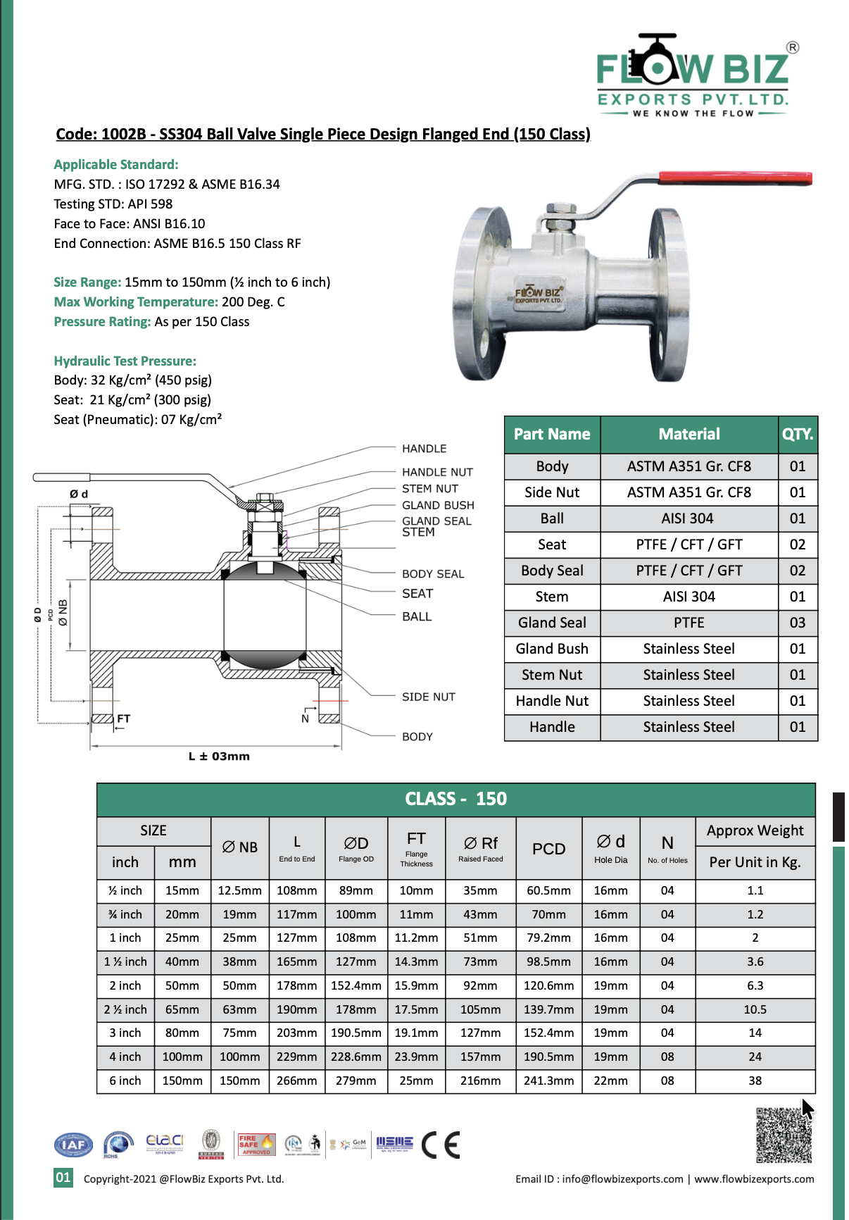 Code: 1002B - SS304 Ball Valve Single Piece Design Flanged End (150 Class)