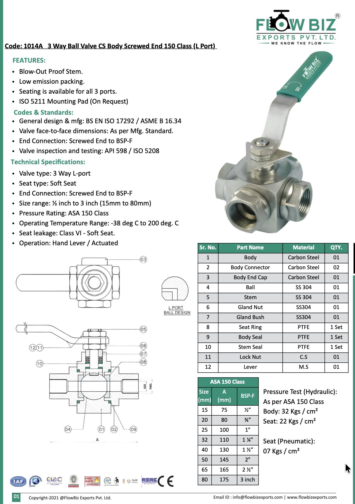 Code: 1014A 3 Way Ball Valve CS Body Screwed End 150 Class (L Port)