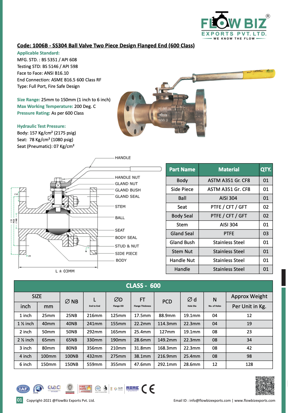 Code: 1006B - SS304 Ball Valve Two Piece Design Flanged End (600 Class)