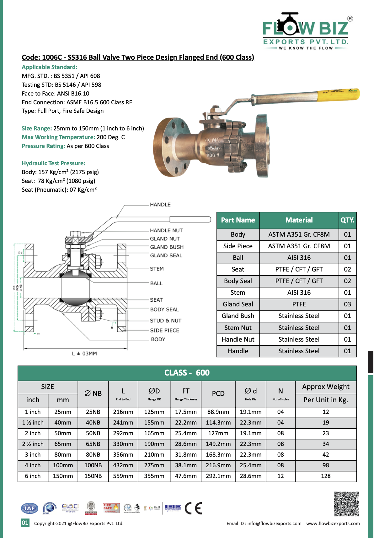 Code: 1006C - SS316 Ball Valve Two Piece Design Flanged End (600 Class)