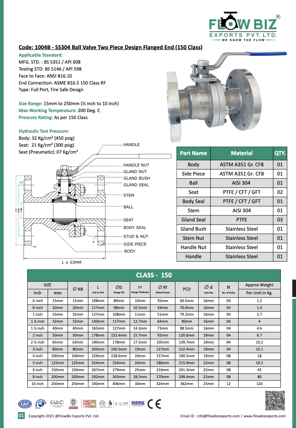 Code: 1004B - SS304 Ball Valve Two Piece Design Flanged End (150 Class)