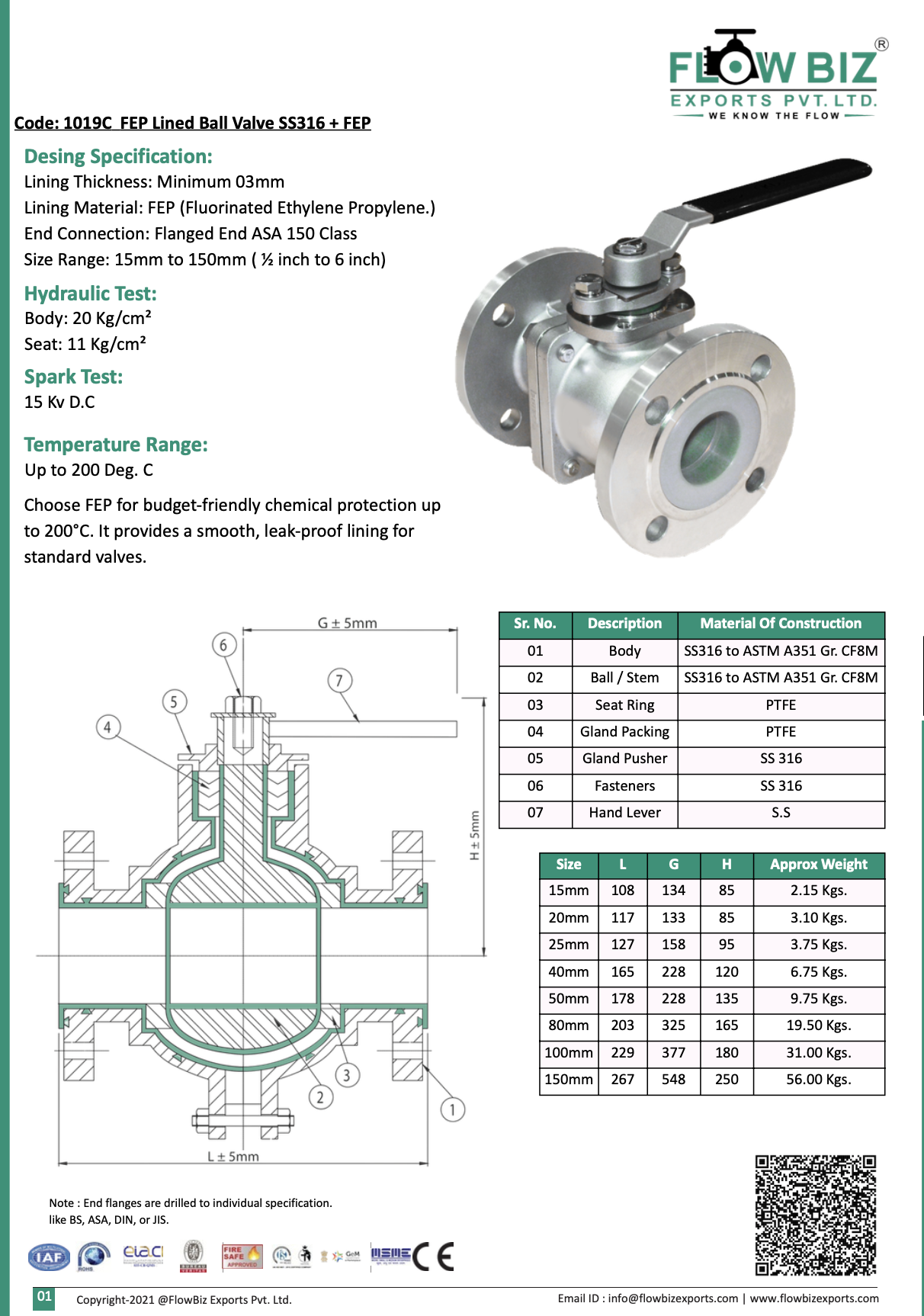 Code: 1019C FEP Lined Ball Valve SS316 + FEP