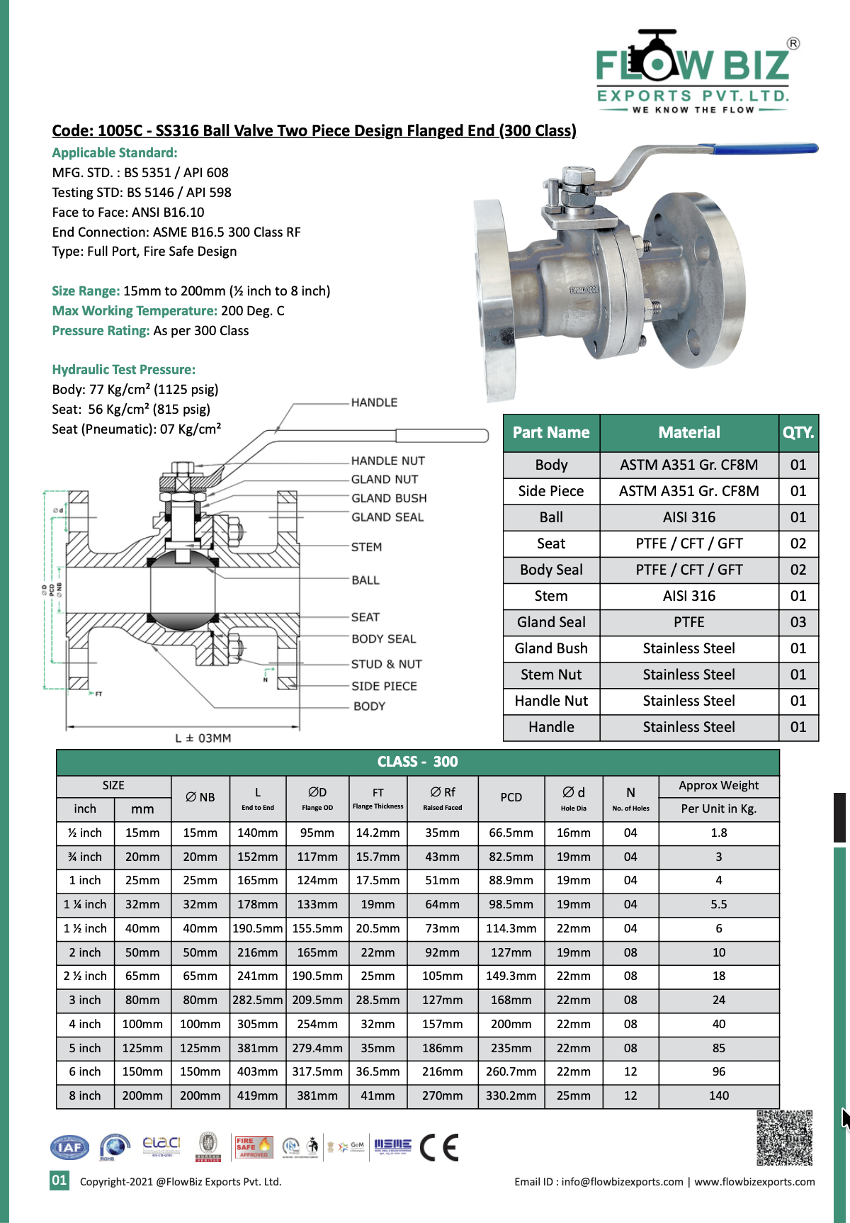 Code: 1005C - SS316 Ball Valve Two Piece Design Flanged End (300 Class)