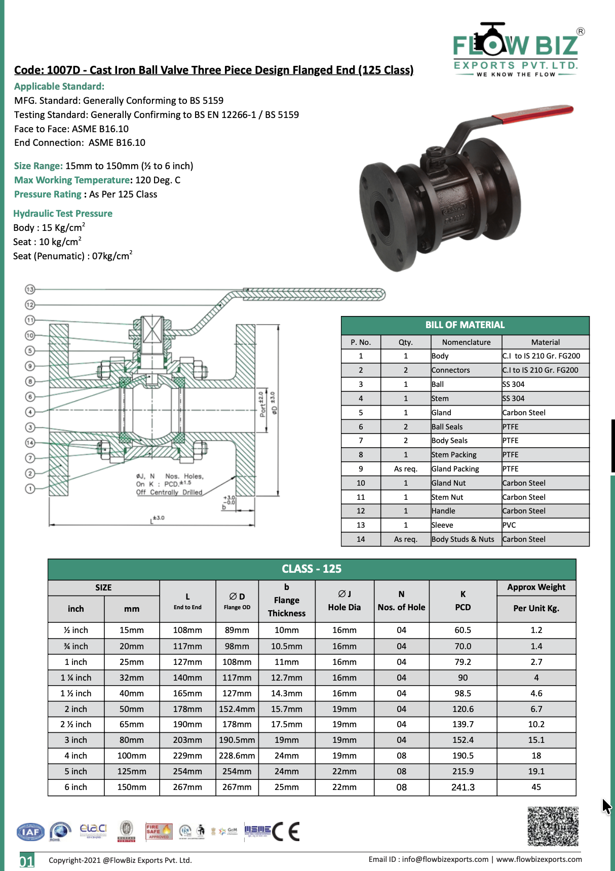 Code: 1007D - Cast Iron Ball Valve Three Piece Design Flanged End (125 Class)