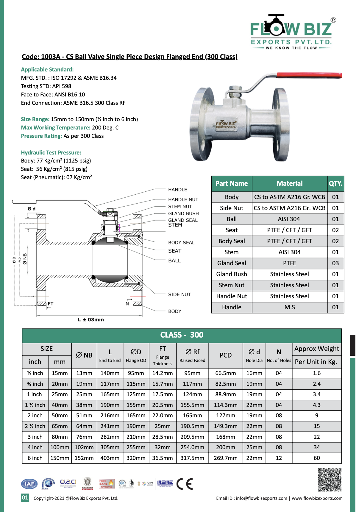 Code: 1003A - CS Ball Valve Single Piece Design Flanged End (300 Class)