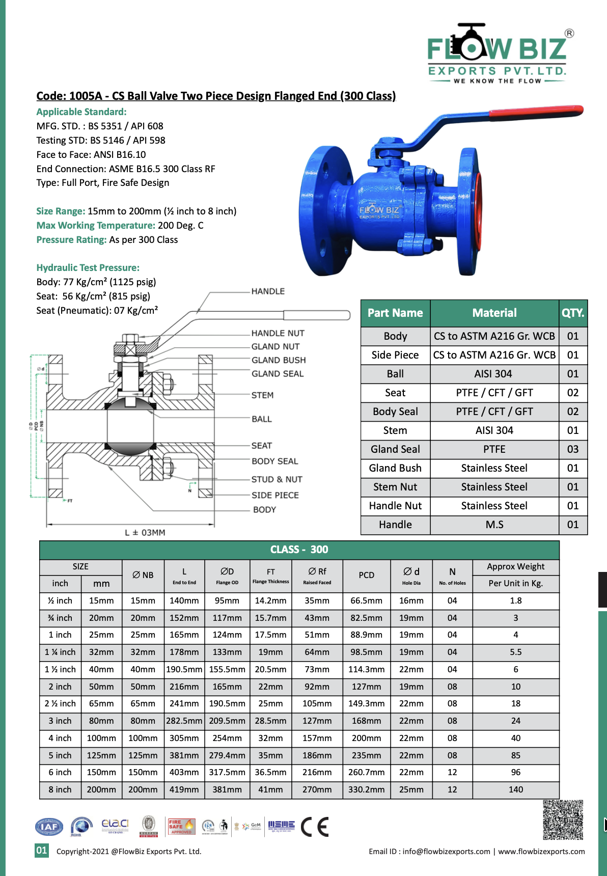 Code: 1005A - CS Ball Valve Two Piece Design Flanged End (300 Class)