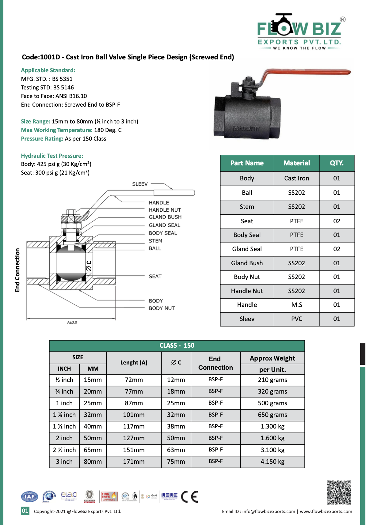 Code:1001D - Cast Iron Ball Valve Single Piece Design (Screwed End)