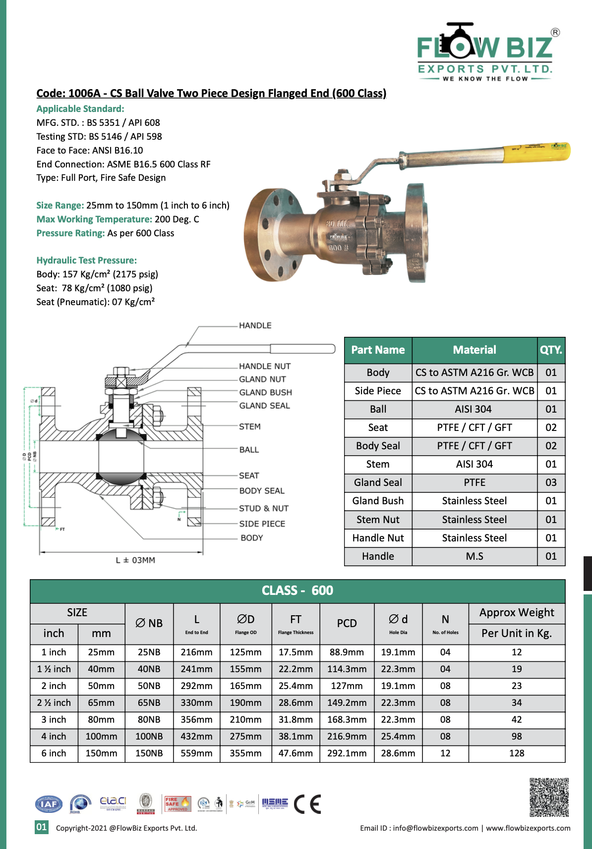Code: 1006A - CS Ball Valve Two Piece Design Flanged End (600 Class)