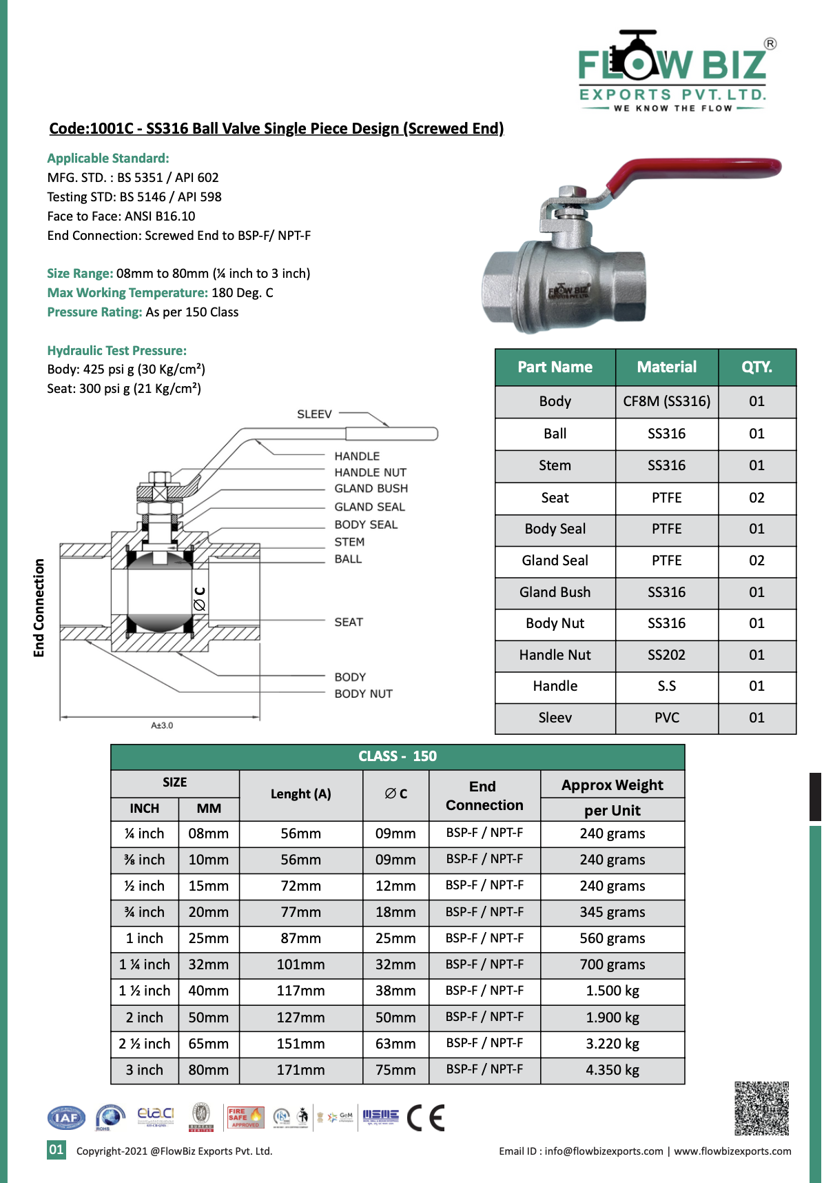 Code:1001C - SS316 Ball Valve Single Piece Design (Screwed End)